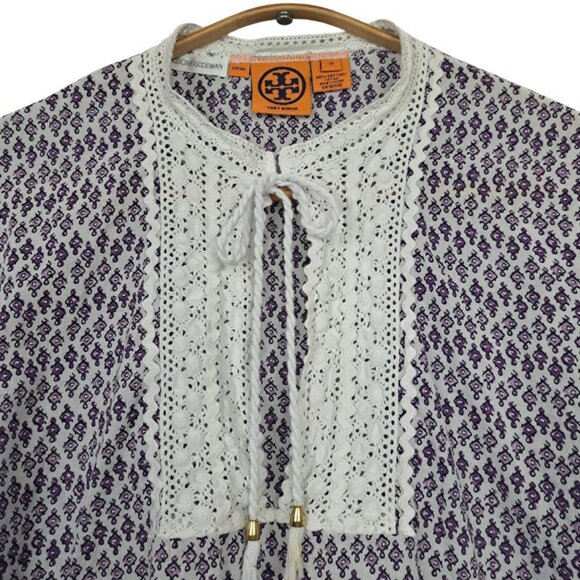 Tory Burch Purple & White Cotton Print with Lace Tunic Top Size 10 - Picture 4 of 9